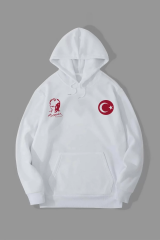 10 Kasıma Özel Üç İplik Kapüşonlu Baskılı SweatShirt - Beyaz