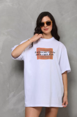 Unisex Bisiklet Yaka Baskılı Oversize T-Shirt - Beyaz
