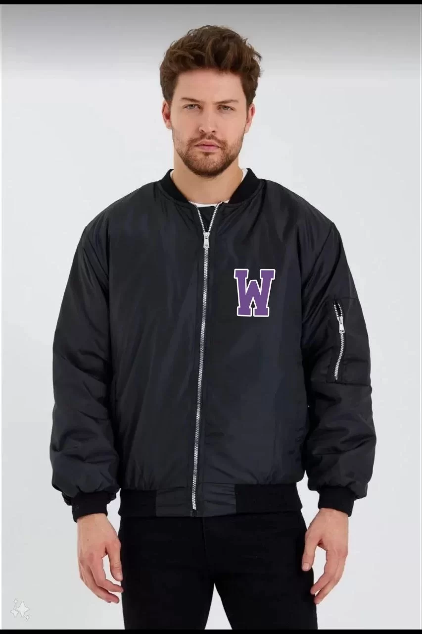 Wild One Baskılı Erkek Bomber Mont – Panter Desenli, Fermuarlı, Kapitone Astarlı Ceket - Siyah