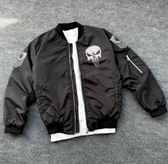 Siyah Askeri Tarz Bomber Mont – Unisex, Punisher Skull Detaylı, Fermuarlı, Cepli, Uzun Kollu, Bahar ve Kış Günlük Moda İçin Uygun - Siyah