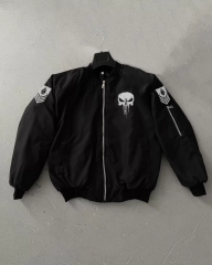 Siyah Askeri Tarz Bomber Mont – Unisex, Punisher Skull Detaylı, Fermuarlı, Cepli, Uzun Kollu, Bahar ve Kış Günlük Moda İçin Uygun - Siyah