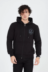 Erkek Kapüşonlu Baskılı Fermuarlı Hırka - Siyah