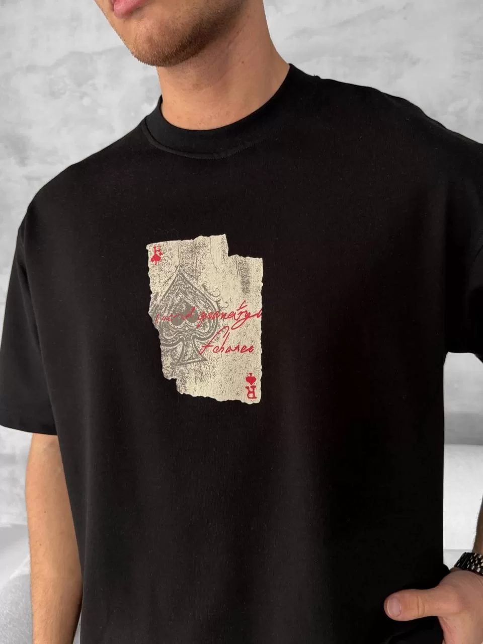 Ön ve Arka Baskılı Oversize Bisiklet Yaka T-shirt - Siyah