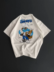 Ön ve Arka Baskılı Oversize Bisiklet Yaka T-shirt- Beyaz