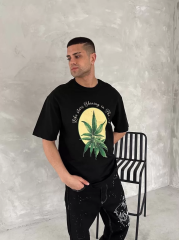 Ön ve Arka Baskılı Oversize Bisiklet Yaka T-shirt- Siyah