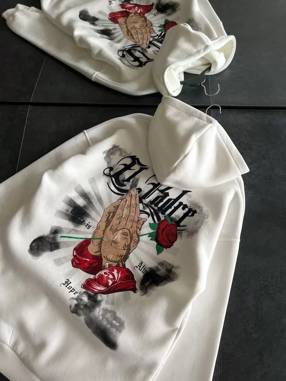 Üç İplik Penye Uzun Kol Kapüşonlu Baskılı SweatShirt - Beyaz