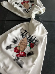 Üç İplik Penye Uzun Kol Kapüşonlu Baskılı SweatShirt - Beyaz