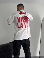 Baskılı Oversize Bisiklet Yaka T-shirt - Beyaz