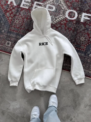 Uzun Kol Kapüşonlu Göğüs Baskılı SweatShirt - Beyaz