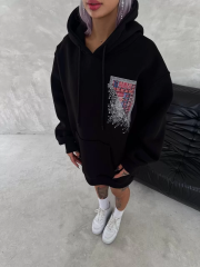 Uzun Kol Kapüşonlu Ön Ve Arka Baskılı SweatShirt - Siyah