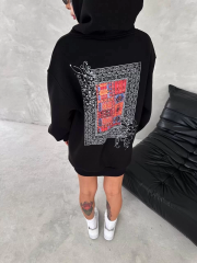 Uzun Kol Kapüşonlu Ön Ve Arka Baskılı SweatShirt - Siyah