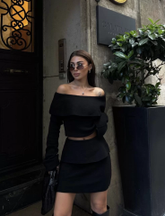 Straplez , Madonna , Carmen Yaka Croplu Mini Etekli ikili Takım Triko - Siyah