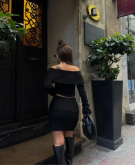 Straplez , Madonna , Carmen Yaka Croplu Mini Etekli ikili Takım Triko - Siyah