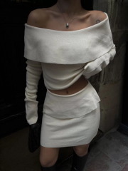 Straplez , Madonna , Carmen Yaka Croplu Mini Etekli ikili Takım Triko - Beyaz