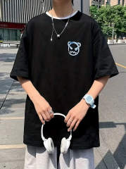 20/1 Penye Compack Bisiklet Yaka Kore tarzı sevimli ayı baskı Kısa Kol Erkek t-shirt - Siyah