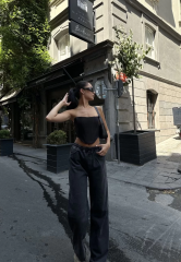 Kadın Arkadan Yırtmaçlı Jeans Kot Palazzo Pantolon - Siyah