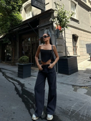 Kadın Arkadan Yırtmaçlı Jeans Kot Palazzo Pantolon - Siyah