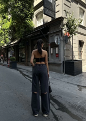 Kadın Arkadan Yırtmaçlı Jeans Kot Palazzo Pantolon - Siyah