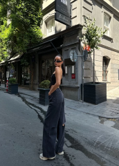 Kadın Arkadan Yırtmaçlı Jeans Kot Palazzo Pantolon - Siyah