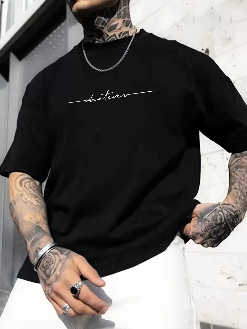 Büyük Beden Erkek ''Whatever'' Baskılı Tişört, Oversize Erkekler İçin Yaz Modası Kısa Kollu Tişörtler - Siyah