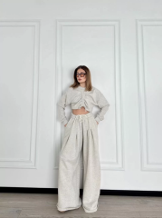 Uzun Kollu Önü İp Büzgülü Crop ve Pantolon İkili Takım - Gri