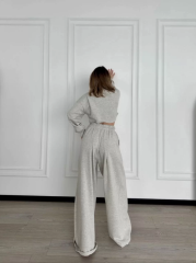 Uzun Kollu Önü İp Büzgülü Crop ve Pantolon İkili Takım - Gri