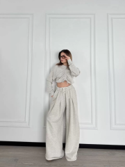 Uzun Kollu Önü İp Büzgülü Crop ve Pantolon İkili Takım - Gri