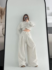 Uzun Kollu Önü İp Büzgülü Crop ve Pantolon İkili Takım - Gri