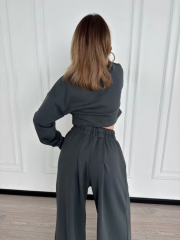 Uzun Kollu Önü İp Büzgülü Crop ve Pantolon İkili Takım - Antrasit