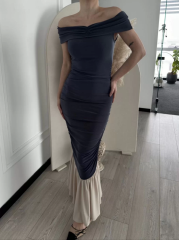 Striptiz Omuzlu Uzun Elbise- Füme