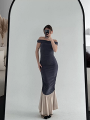 Striptiz Omuzlu Uzun Elbise- Füme