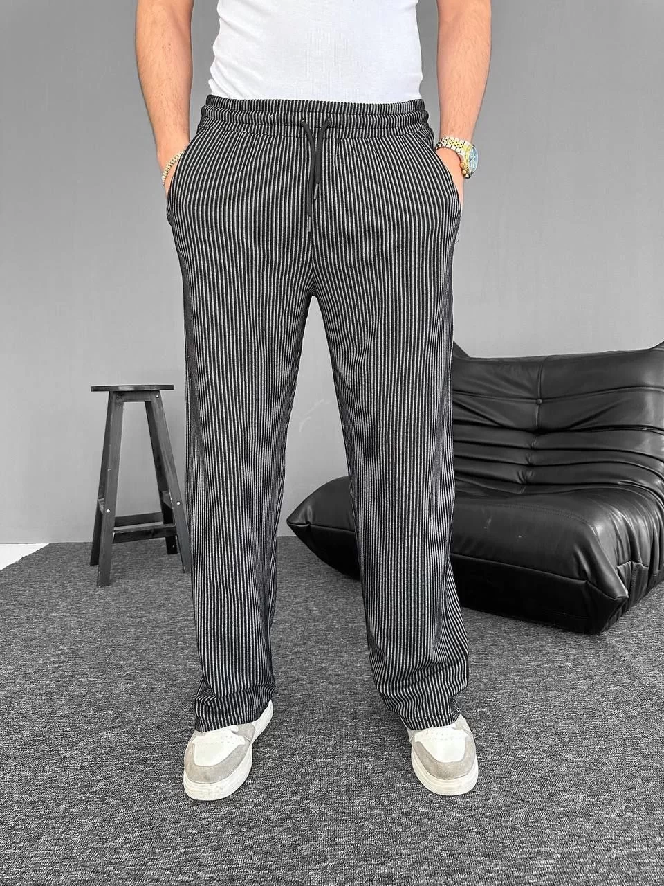 Su Yolu Çizgili Cepli Pantalon - Siyah