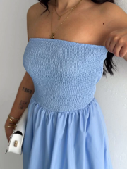 Straplez Pileli Elbise - Açık Mavi