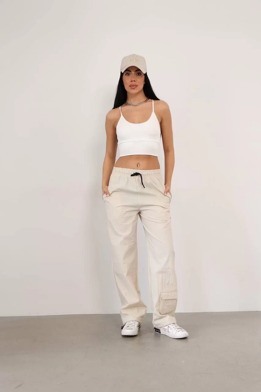 Paraşüt Kumaş Kargo Ceplı Baggy Eşofman- Bej