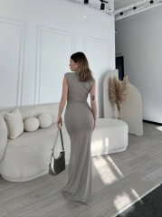 Kolsuz Uzun Likralı Elbise - Gri