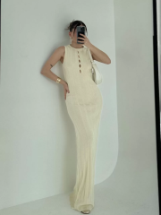 Kalın Fitilli Uzun Triko Elbise - Kırık Beyaz