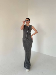 Uzun Etekli Önü Düğmeli Badi İkili Takım- Antrasit