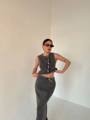 Uzun Etekli Önü Düğmeli Badi İkili Takım- Antrasit