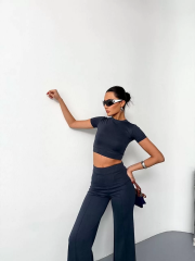 Osy Modal Yumuşak Dokulu Kumaş Kısa Kollu Crop Alt ispanyol Paça Pantalon ikili Takım - Füme