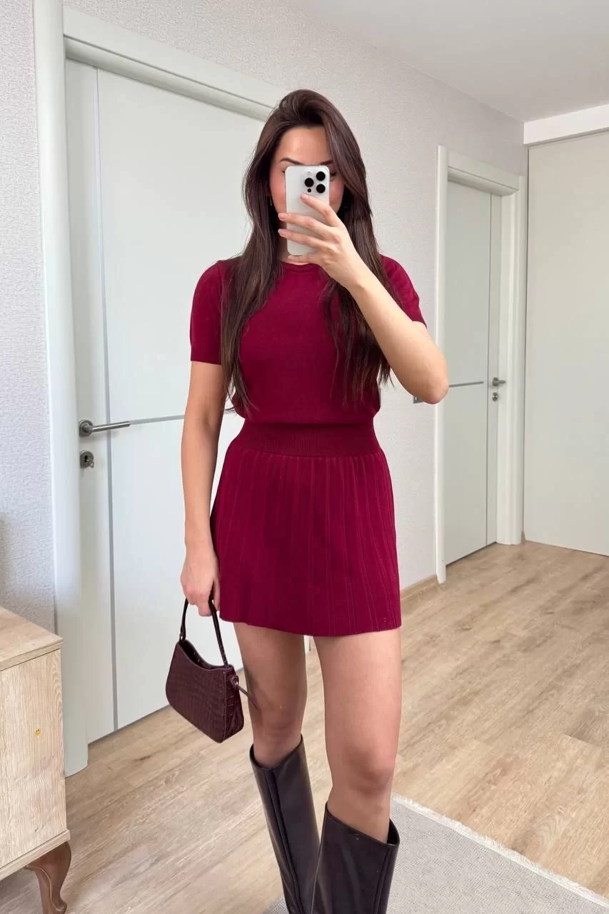 Kısa Kollu Bluz Mini Etekli ikili Takım Triko - Bordo