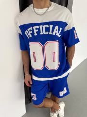 Erkek Şortlu Takım – Oversize İki İplik Kumaş, Ön & Arka Dijital Baskılı Tişört ve Lastikli Cepli Şort, Yazlık Günlük Spor Set - Mavi