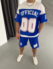 Erkek Şortlu Takım – Oversize İki İplik Kumaş, Ön & Arka Dijital Baskılı Tişört ve Lastikli Cepli Şort, Yazlık Günlük Spor Set - Mavi