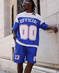 Erkek Şortlu Takım – Oversize İki İplik Kumaş, Ön & Arka Dijital Baskılı Tişört ve Lastikli Cepli Şort, Yazlık Günlük Spor Set - Mavi