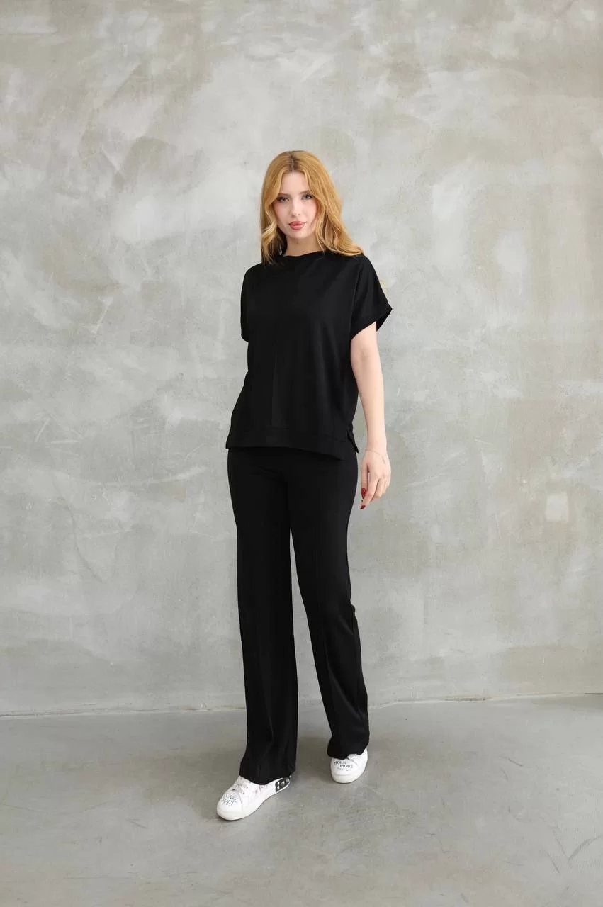 Osy Modal Yumuşak dokulu Kumaş Bisiklet Yaka Kısa Kollu Takım - Siyah