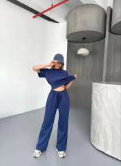 Osy Modal Yumuşak Dokulu Kumaş Kısa Kollu Bluz Rahat Pantalon ikili Takım- Lacivert