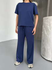 Osy Modal Yumuşak Dokulu Kumaş Kısa Kollu Bluz Rahat Pantalon ikili Takım- Lacivert