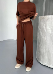 Osy Modal Yumuşak Dokulu Kumaş Kısa Kollu Bluz Rahat Pantalon ikili Takım- Kahverengi