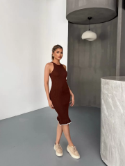 Fırfır Detaylı Triko Elbise- Kahverengi