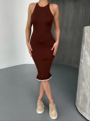 Fırfır Detaylı Triko Elbise- Kahverengi