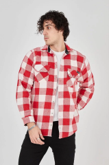 Erkek Oduncu Gömlek – Uzun Kollu, Şardonlu Kumaş, Kareli Desen, Regular Fit, Manşetli, Çift Cepli, Rahat Günlük Bahar & Kış Stil - Kırmızı